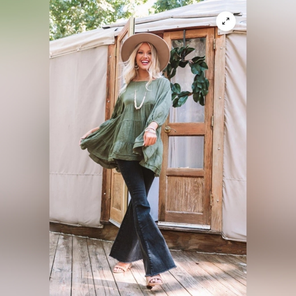 Bohemian Olive Green Tiered Peasant Blouse - Picture 4 of 16